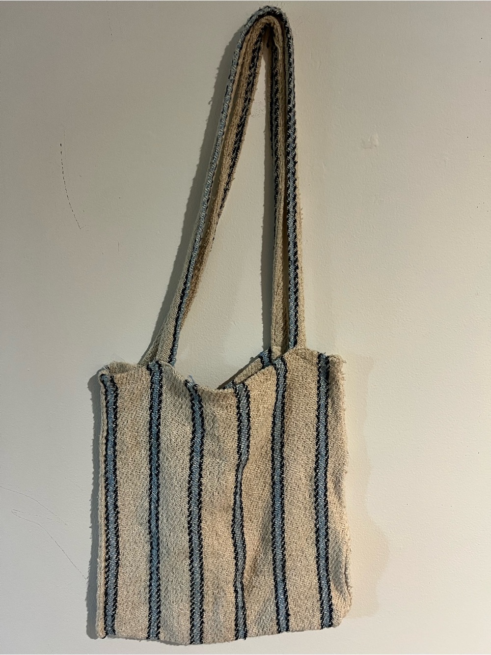 Striped Beige and Blue Woven Tote Bag